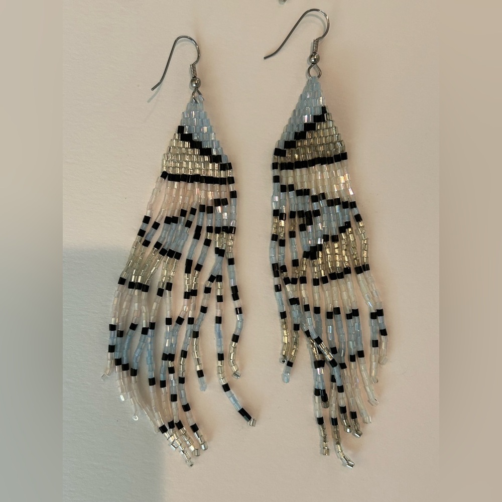 Beaded Fringe Drop Earrings seed bead iridescent boho blue silver